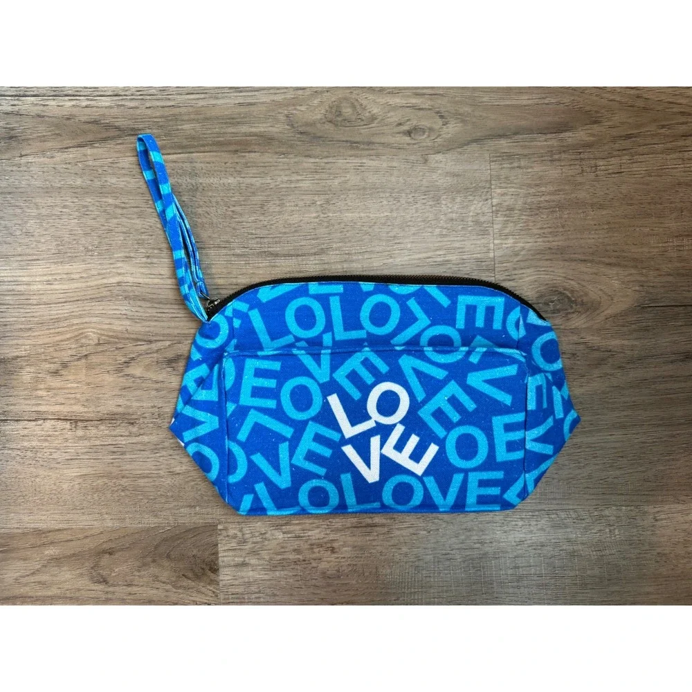 Lovevolve Blue LOVE Typographic Canvas Cosmetic Travel Bag‎ Wristlet Pouch Large
